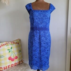 Ann Taylor Petite Royal Blue Floral Lace Sheath Dress Square Neck Cap Sleeve 10P